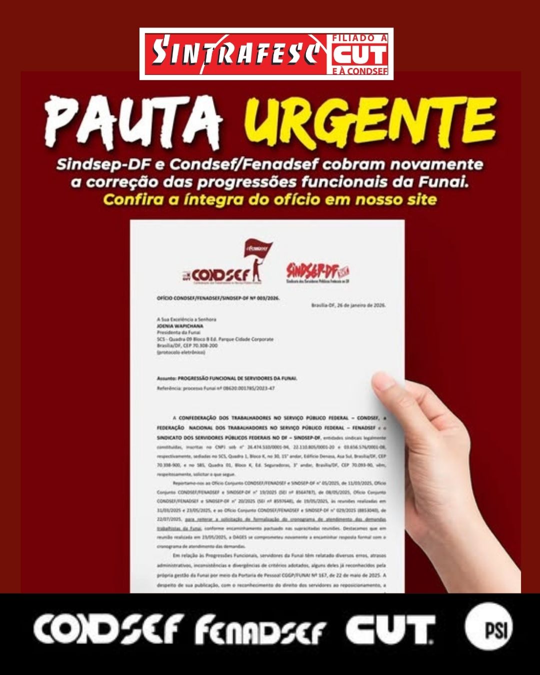 Sindsep-DF e Condsef voltam a cobrar da Funai correção das progressões funcionais